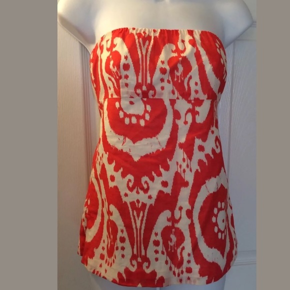 J. CREW Strapless Top Ikat Shirt Blouse Orange White Geometric Summer Time Beach - Picture 6 of 6